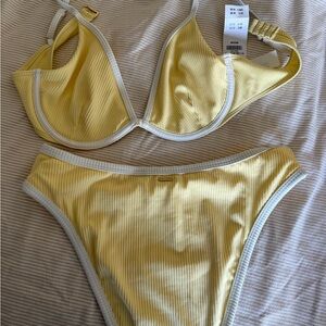 Hollister Yellow Ribbed Bikini Set with White Trim